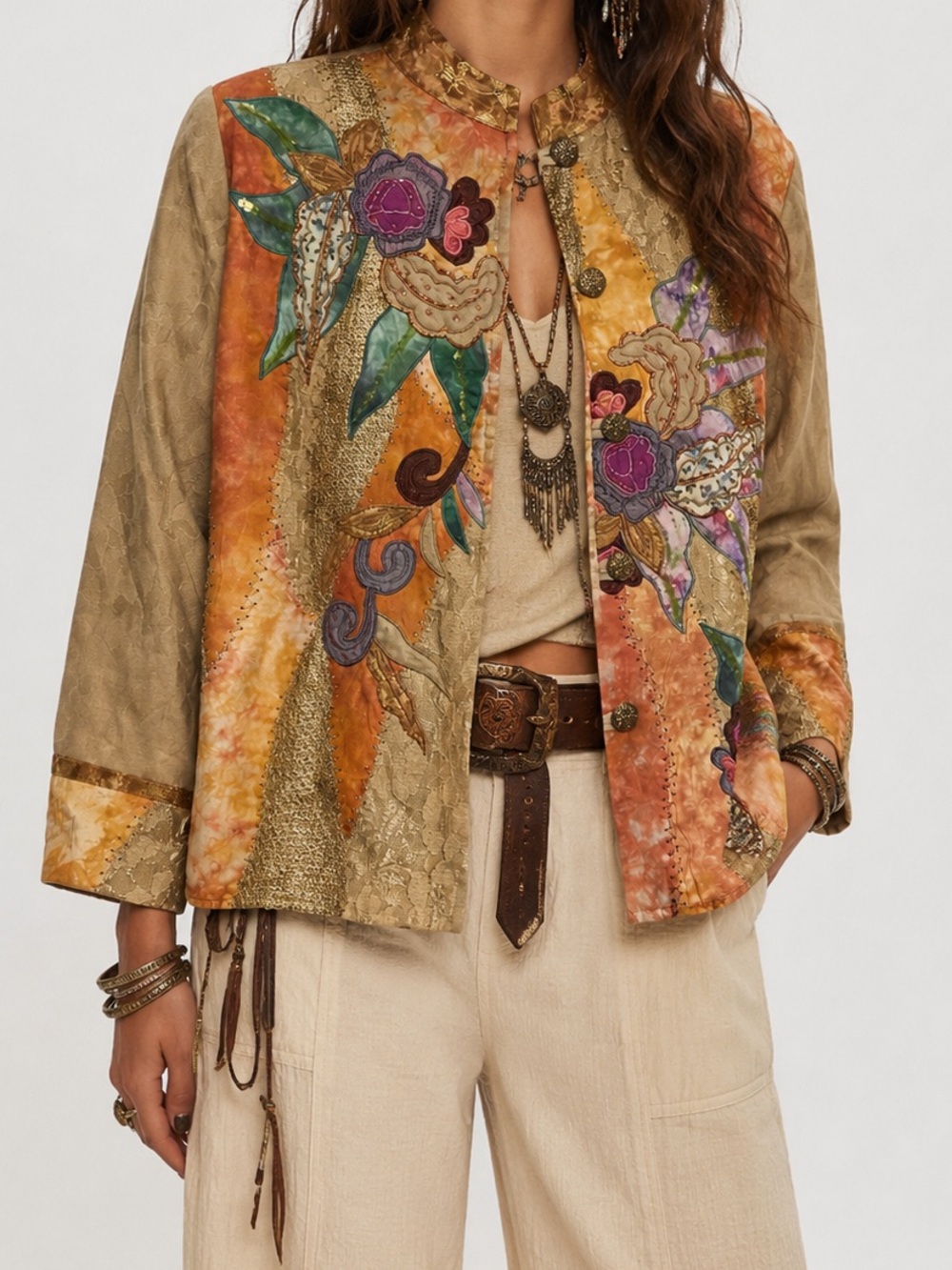Vintage Entice Embroidered Floral Patchwork Jacket Small Boho Artwear Festival